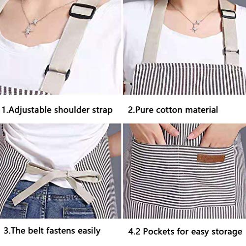 RUIBOLU Adjustable Bib Apron with 2 Pockets Cooking Kitchen Cotton Aprons for Women Men Chef Restaurant BBQ Painting Crafting, Long Ties Neck Strap (Khaki Stripes)