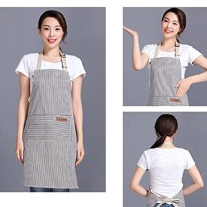RUIBOLU Adjustable Bib Apron with 2 Pockets Cooking Kitchen Cotton Aprons for Women Men Chef Restaurant BBQ Painting Crafting, Long Ties Neck Strap (Khaki Stripes)