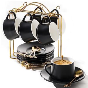lareina espresso cups with saucers, spoons and metal stand, small 4 oz ceramic cappuccino coffee cups set of 6, cute demitasse cups with handle for nespresso lungo, double espresso, cortado(black)
