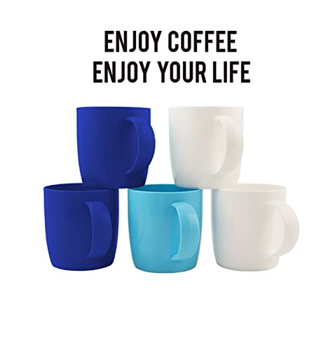 fulong Reusable Plastic Drinking Cup with Handle, BPA Free Microwave & Dishwasher Safe Food Grade PP 13 Ounce Coffee & Milk Mug Set of 5 (Blue)