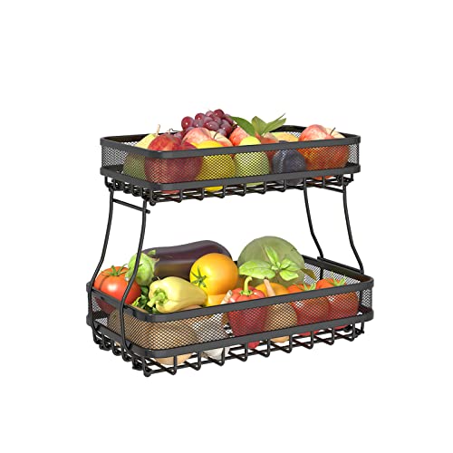 CHLORYARD 2 Tier Fruit Basket Countertop for Kitchen, Vegetable Bread Basket Fruit Bowl Storage Stand Detachable Metal Rectangular Wire Basket 14-Inch Antique Black