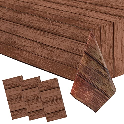 Irenare Wood Grain Tablecloth Wooden Tablecloths Rustic Plastic Table Covers Rectangular Table Decoration for Barbecue Fall Autumn Western Barn Themed Birthday Party, 54 x 108 Inch (Brown, 3 Pieces)