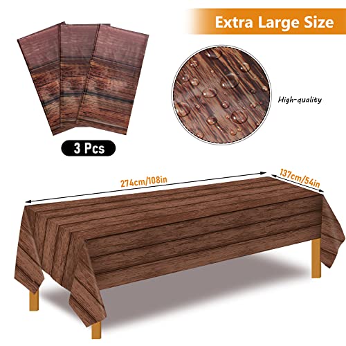 Irenare Wood Grain Tablecloth Wooden Tablecloths Rustic Plastic Table Covers Rectangular Table Decoration for Barbecue Fall Autumn Western Barn Themed Birthday Party, 54 x 108 Inch (Brown, 3 Pieces)