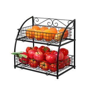 Fruit Basket for Kitchen, Fruit and Vegetable Storage Bowl Stand with Quality Metal Frame, Detachable, Large Capacity, 2 Tier Wire Produce Basket Fruit Holder for Kitchen Countertop Dining Table