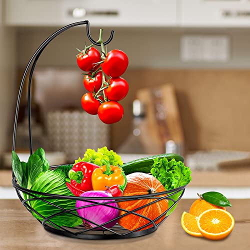 PT COVER Fruit Bowl with Banana Hanger - Fruit Basket for Kitchen Counter with Holder - Black Chrome