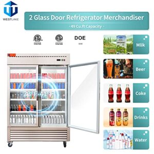 WESTLAKE 54" W Commercial Display Refrigerator 2 Glass Door Merchandiser 2 Section Stainless Steel Reach-in Glass Door Upright Fan Cooling 49 Cu.ft Cooler for Restaurant, Bar, Shop, etc