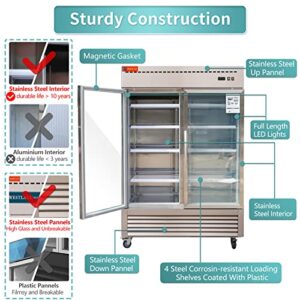 WESTLAKE 54" W Commercial Display Refrigerator 2 Glass Door Merchandiser 2 Section Stainless Steel Reach-in Glass Door Upright Fan Cooling 49 Cu.ft Cooler for Restaurant, Bar, Shop, etc