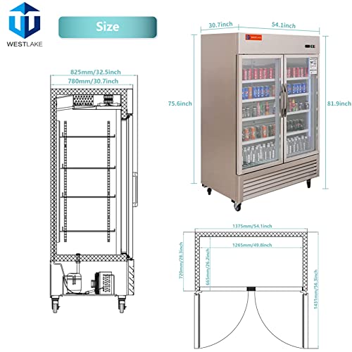 WESTLAKE 54" W Commercial Display Refrigerator 2 Glass Door Merchandiser 2 Section Stainless Steel Reach-in Glass Door Upright Fan Cooling 49 Cu.ft Cooler for Restaurant, Bar, Shop, etc