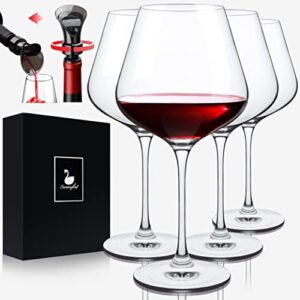 swanfort red wine glasses set of 4, extra large stemmed wine glasses 23 oz, with creative 2 in 1 wine stopper and pourer, burgundy wine glasses in gift box for any occasions