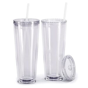 maars classic acrylic tumbler with lid and straw | 24oz premium insulated double wall plastic reusable cups - clear, 2 pack