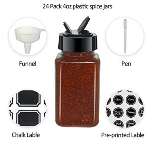 BPFY 24 Pack 4oz Clear Plastic Spice Jars With Black Plastic Lids, Square Spice Bottles, Plastic Seasoning Containers with Chalk Labels, Pen, Funnel, Spice Containers For Kitchen Cabinet