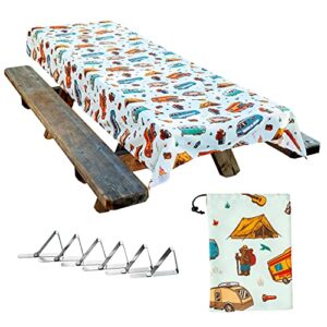 jolly camper vintage style camping tablecloth, picnic tablecloth, fits 4ft to 8ft picnic tables, polyester, washable & reusable, spill & stain resistant, water repellent, table cloth for picnic table