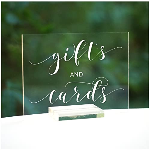 Cedar and Ink Gifts and Cards Sign w Acrylic Stand, Acrylic Wedding Signs Cursive, Clear Lucite Glass-Like Gift Sign for Table or Wedding Cards Sign for Acrylic Card Box, Stand Included