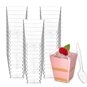50 pack 5 oz square dessert cups with spoons - mini parfait cups, appetizer cups, clear plastic party dessert cups for serving fruit trifle mousse and pudding