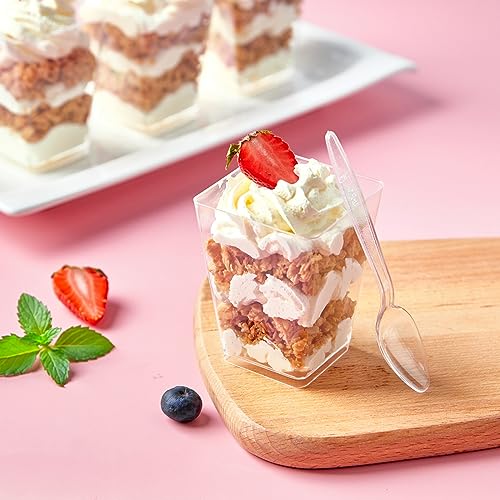 50 Pack 5 oz Square Dessert Cups with Spoons - Mini Parfait Cups, Appetizer Cups, Clear Plastic Party Dessert Cups for Serving Fruit Trifle Mousse and Pudding