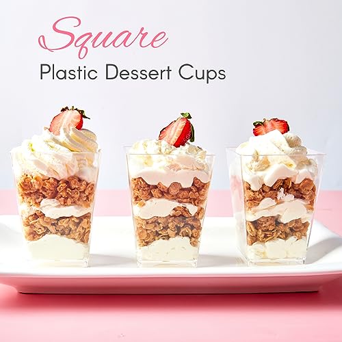 50 Pack 5 oz Square Dessert Cups with Spoons - Mini Parfait Cups, Appetizer Cups, Clear Plastic Party Dessert Cups for Serving Fruit Trifle Mousse and Pudding