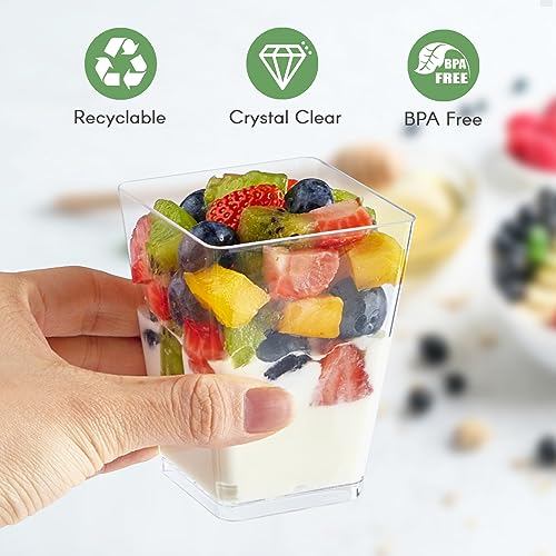 50 Pack 5 oz Square Dessert Cups with Spoons - Mini Parfait Cups, Appetizer Cups, Clear Plastic Party Dessert Cups for Serving Fruit Trifle Mousse and Pudding