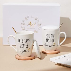aw bridal couples gifts 12 oz coffee mugs set of 2, bridal shower gift for bride and groom cups, engagement newlywed anniversary wedding gifts for couple, mr and mrs gifts, ceramic coffee mug with lid