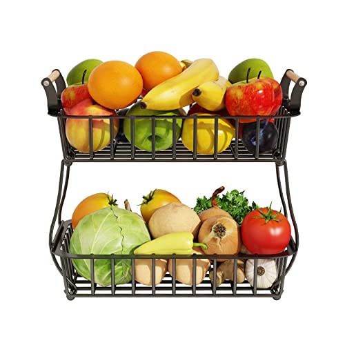 Wisdom Star 2 Tier Fruit Basket Bowl Farmhouse for Kitchen Countertop, Detachable Metal Bread Fruit Vegetable Storage Basket Stand Holder with Wooden Handle, Black