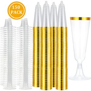 150 Pcs Champagne Flutes Plastic Champagne Glasses Clear Disposable Champagne Flutes Crystal Champagne Flutes Plastic Wine Glasses Plastic for Wedding Toasting Flutes Party Cocktail Cups (Gold)