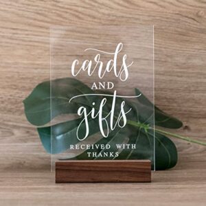 acrylic gifts and cards sign with wood stand- 5”x 7" clear acrylic table decoration signs with holder for wedding reception & event party table centerpiece decoration
