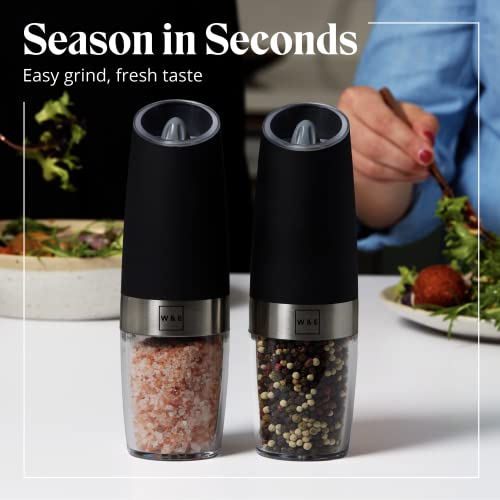 Willow & Everett Electric Salt and Pepper Grinder Set - 2 Battery-Operated, Automatic Salt and Pepper Shakers - Black and Stainless Steel Gravity Electric Salt Grinder & Pepper Mill for Seasoning