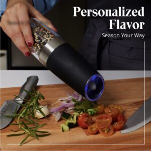 Willow & Everett Electric Salt and Pepper Grinder Set - 2 Battery-Operated, Automatic Salt and Pepper Shakers - Black and Stainless Steel Gravity Electric Salt Grinder & Pepper Mill for Seasoning