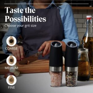 Willow & Everett Electric Salt and Pepper Grinder Set - 2 Battery-Operated, Automatic Salt and Pepper Shakers - Black and Stainless Steel Gravity Electric Salt Grinder & Pepper Mill for Seasoning