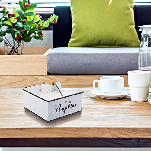 Napkin Holder for Table, Bivvclaz Rustic Metal Napkin Holders for Paper Napkins, Napkin Holders for Kitchen with Wood Accent, Flat Napkin Dispenser for Indoor & Outdoor Use, White