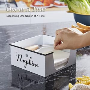 Napkin Holder for Table, Bivvclaz Rustic Metal Napkin Holders for Paper Napkins, Napkin Holders for Kitchen with Wood Accent, Flat Napkin Dispenser for Indoor & Outdoor Use, White