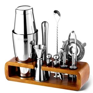kitessensu mixology bar kit with stand | complete 11-piece cocktail shaker set bar set for inspired drink mixing experience | bartender accessories for home bar tools set with recipes booklet