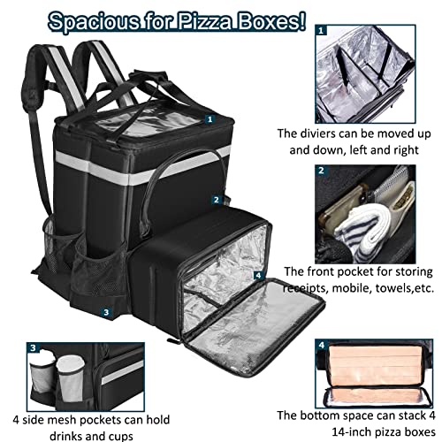 cherrboll Food Delivery Backpack with Drink Holders & Dividers, Insulated Delivery Bag Fits 4 Large Pizzas, Thermal Cooler Backpack for Bicycle