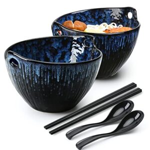 JH JIEMEI HOME Ramen Bowl with Chopsticks and Spoons Set, 7 Inch Ceramic Noodle Bowl Set of 2, Dishwasher Safe for Pho Udon Soba Noodle Salad Pasta, Special Reactive Glazed Navy Bowls Set