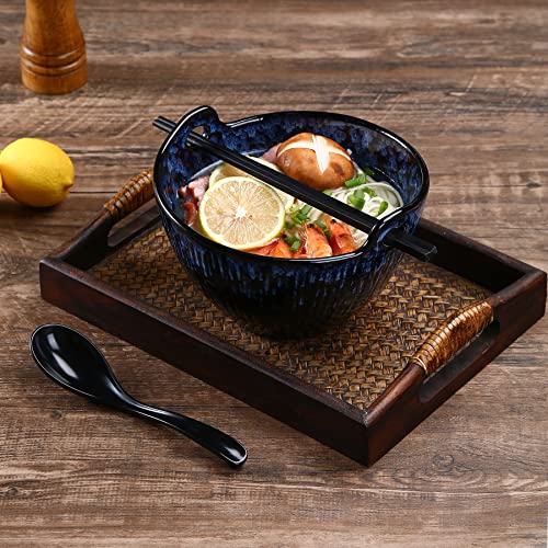 JH JIEMEI HOME Ramen Bowl with Chopsticks and Spoons Set, 7 Inch Ceramic Noodle Bowl Set of 2, Dishwasher Safe for Pho Udon Soba Noodle Salad Pasta, Special Reactive Glazed Navy Bowls Set