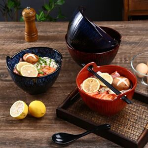 JH JIEMEI HOME Ramen Bowl with Chopsticks and Spoons Set, 7 Inch Ceramic Noodle Bowl Set of 2, Dishwasher Safe for Pho Udon Soba Noodle Salad Pasta, Special Reactive Glazed Navy Bowls Set