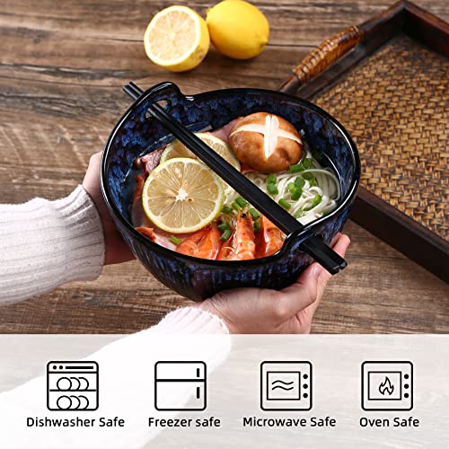 JH JIEMEI HOME Ramen Bowl with Chopsticks and Spoons Set, 7 Inch Ceramic Noodle Bowl Set of 2, Dishwasher Safe for Pho Udon Soba Noodle Salad Pasta, Special Reactive Glazed Navy Bowls Set