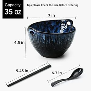 JH JIEMEI HOME Ramen Bowl with Chopsticks and Spoons Set, 7 Inch Ceramic Noodle Bowl Set of 2, Dishwasher Safe for Pho Udon Soba Noodle Salad Pasta, Special Reactive Glazed Navy Bowls Set