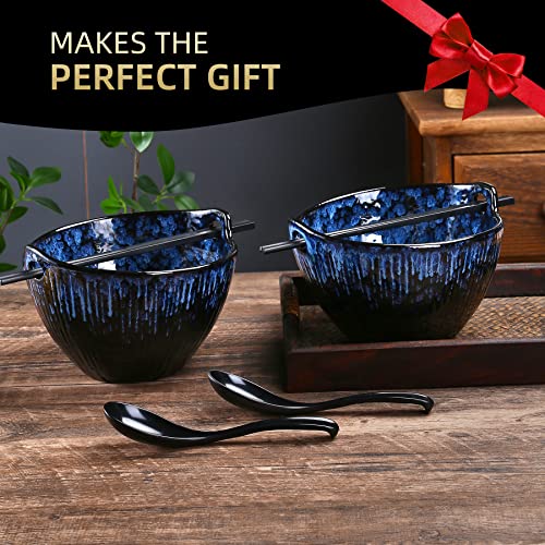 JH JIEMEI HOME Ramen Bowl with Chopsticks and Spoons Set, 7 Inch Ceramic Noodle Bowl Set of 2, Dishwasher Safe for Pho Udon Soba Noodle Salad Pasta, Special Reactive Glazed Navy Bowls Set