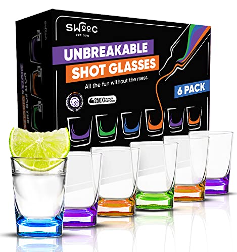 SWOOC - Unbreakable Shot Glasses Set (6 Pack) - 250x Stronger Than Glass, 25x Stronger Than Acrylic - Colorful & Dishwasher-Safe - 1.5oz Reusable Drinkware for Indoor/Outdoor Fun - DUNZO Compatible