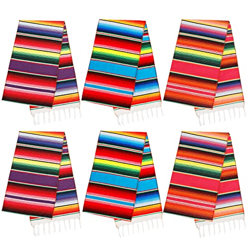 YIQIHAI 6 Pack Mexican Table Runners, 14 X100 Inch Rainbow Colors Large Boho Mexican Theme Party Decoration for Cinco de Mayo Fiesta Party Serape Table Runner Red and Blue