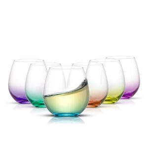 JoyJolt HUE Stemless Wine Glass Set. Large 15 oz Stemless Wine Glasses Set of 6. Short Wine Tumblers for White Wine Glasses, Red Wine Glasses, Water Glasses, No Stem Margarita Glasses, Colored Tumbler