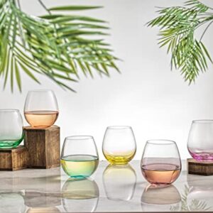 JoyJolt HUE Stemless Wine Glass Set. Large 15 oz Stemless Wine Glasses Set of 6. Short Wine Tumblers for White Wine Glasses, Red Wine Glasses, Water Glasses, No Stem Margarita Glasses, Colored Tumbler