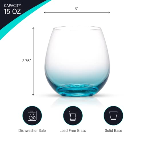 JoyJolt HUE Stemless Wine Glass Set. Large 15 oz Stemless Wine Glasses Set of 6. Short Wine Tumblers for White Wine Glasses, Red Wine Glasses, Water Glasses, No Stem Margarita Glasses, Colored Tumbler