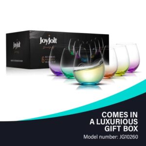 JoyJolt HUE Stemless Wine Glass Set. Large 15 oz Stemless Wine Glasses Set of 6. Short Wine Tumblers for White Wine Glasses, Red Wine Glasses, Water Glasses, No Stem Margarita Glasses, Colored Tumbler