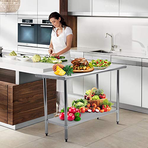 Work Table, 48 X 24 Inch Food Prep Table Stainless Steel Table with Adjustable Shelf and Plastic Feet, NSF Heavy Duty Commercial Worktables for Restaurant, Kitchen