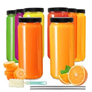 8 pack 16oz glass juice bottles with caps - oamceg smoothie cups with airtight lids and straws, reusable juice bottles for juicing, glass drinking mason jars juicing bottles travel bottles water cups