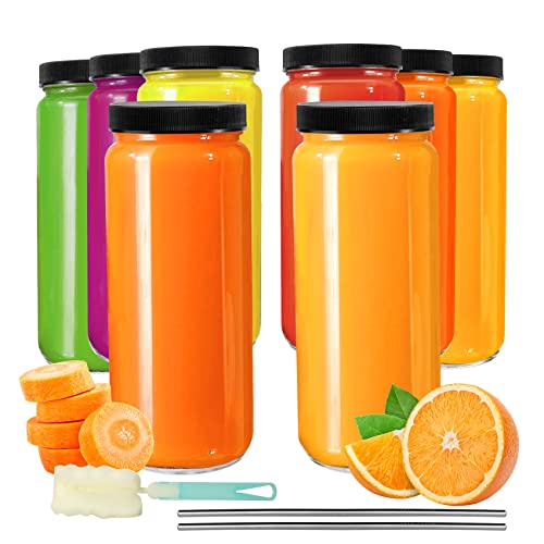 8 Pack 16OZ Glass Juice Bottles with Caps - OAMCEG Smoothie Cups with Airtight Lids and Straws, Reusable Juice Bottles for Juicing, Glass Drinking Mason Jars Juicing Bottles Travel Bottles Water Cups