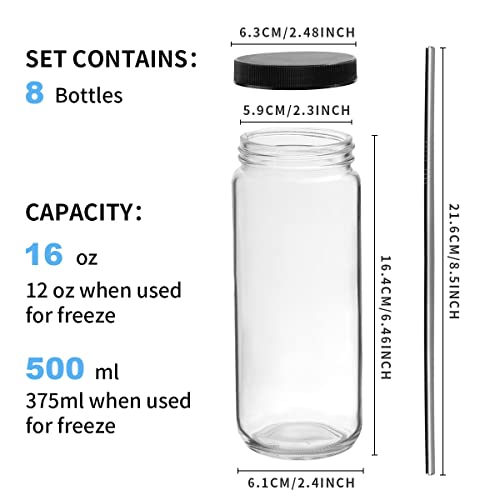 8 Pack 16OZ Glass Juice Bottles with Caps - OAMCEG Smoothie Cups with Airtight Lids and Straws, Reusable Juice Bottles for Juicing, Glass Drinking Mason Jars Juicing Bottles Travel Bottles Water Cups