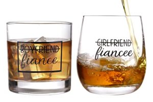 zuuo boyfriend and girlfriend 11 oz wine whiskey glass gift set - engagement gifts for couples fiance fiancee him her his hers glasses mr mrs bride groom, 2 piece