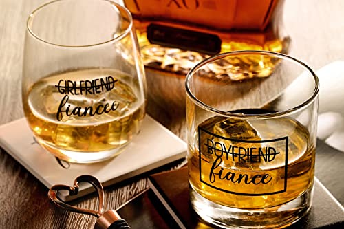 ZUUO Boyfriend and Girlfriend 11 oz Wine Whiskey Glass Gift Set - Engagement Gifts for Couples Fiance Fiancee Him Her His Hers Glasses Mr Mrs Bride Groom, 2 Piece